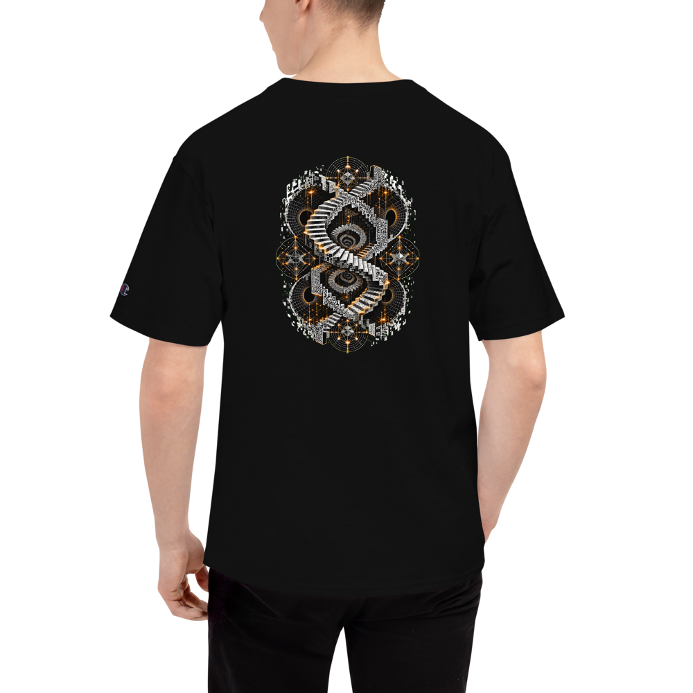 Que.T CASCADE Embroidered Shirt with Escher Staircase Print